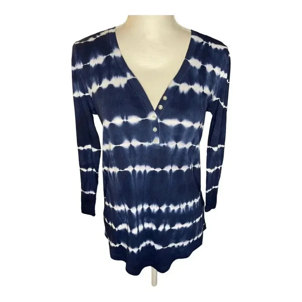 Chaps Women’s‎ Small Navy Blue & White 3/4 Sleeve 100% Cotton Henley Top
